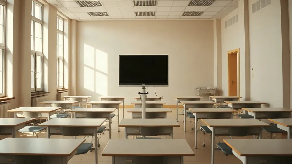 Aula d'esame vuota con i banchi allineati e il monitor spento