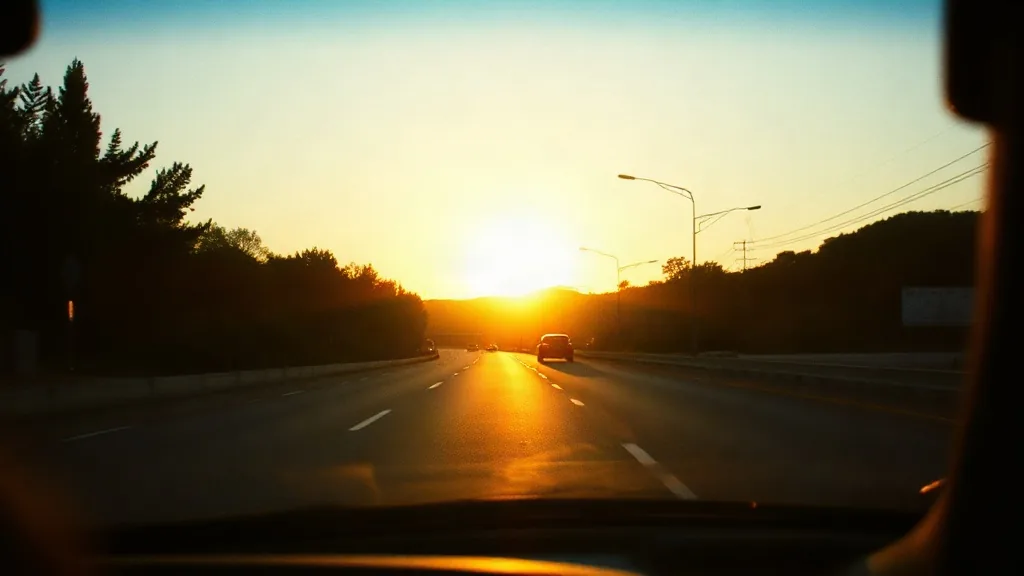 Strada extraurbana al tramonto vista dal parabrezza