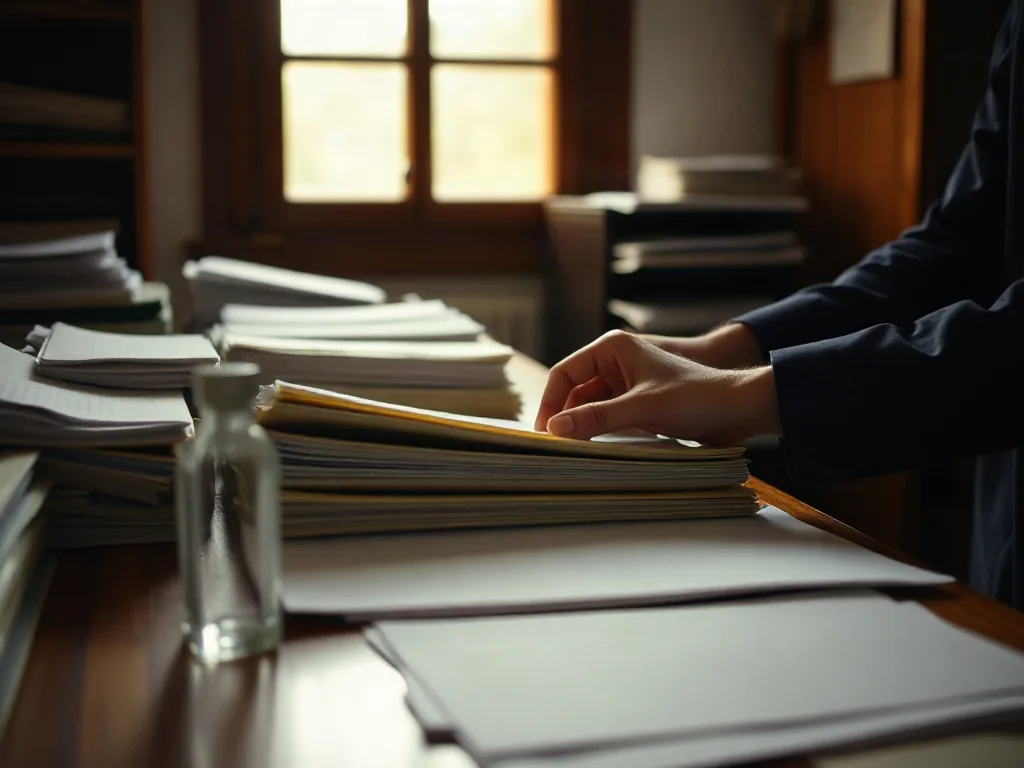 Mani che sistemano fascicoli di documenti sul banco di un ufficio