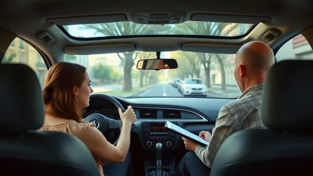 Allieva al volante con l'istruttore seduto accanto che tiene una tavoletta, ripresi dal sedile posteriore