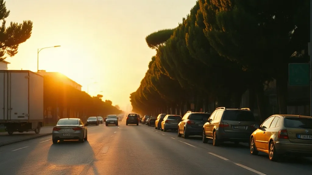 Viale alberato al tramonto con le auto in fila lungo il margine