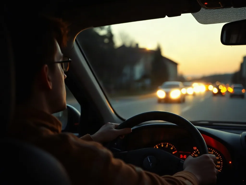 Guida al crepuscolo con le luci delle auto in arrivo e il cruscotto illuminato