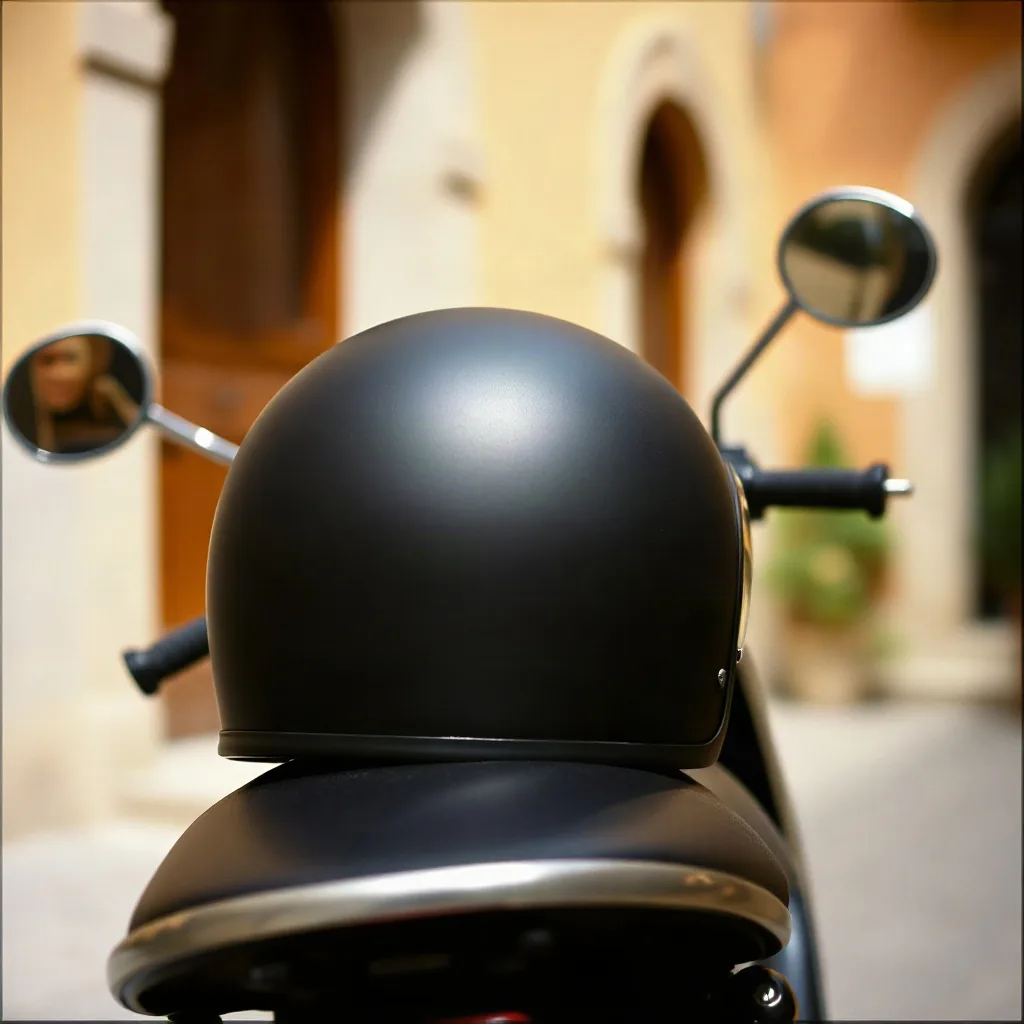 Casco opaco appoggiato sulla sella di una moto in un cortile