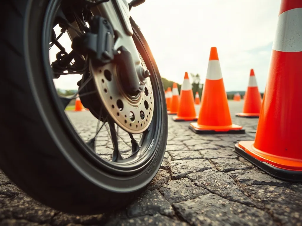 Ruota anteriore di una moto in curva fra i coni, ripresa da terra