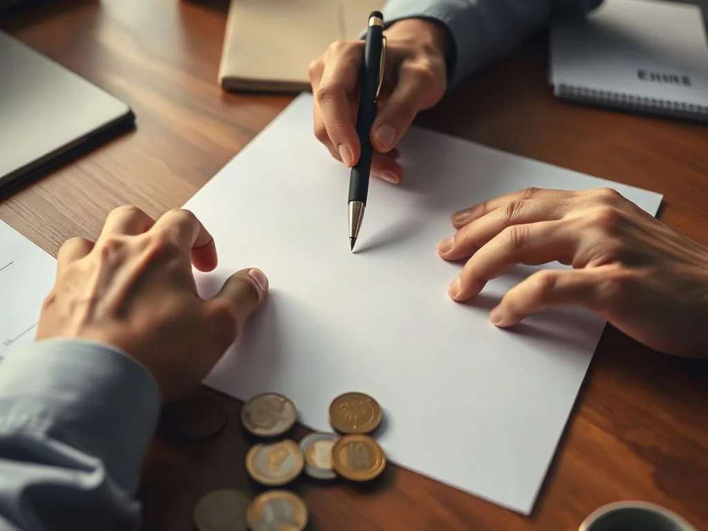 Due mani e una penna su un foglio bianco, accanto alcune monete da un euro
