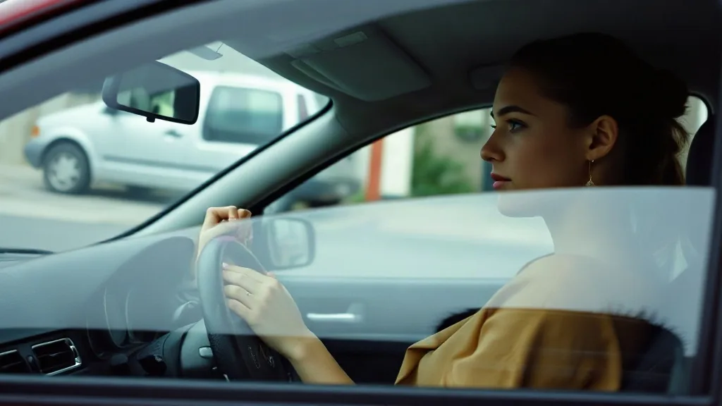 Ragazza al posto di guida vista di profilo dal finestrino aperto, le mani sulla corona del volante