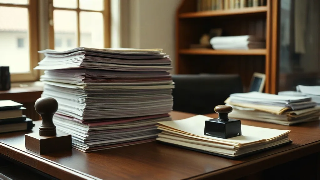 Pila di fascicoli e timbri sul banco di un ufficio pratiche