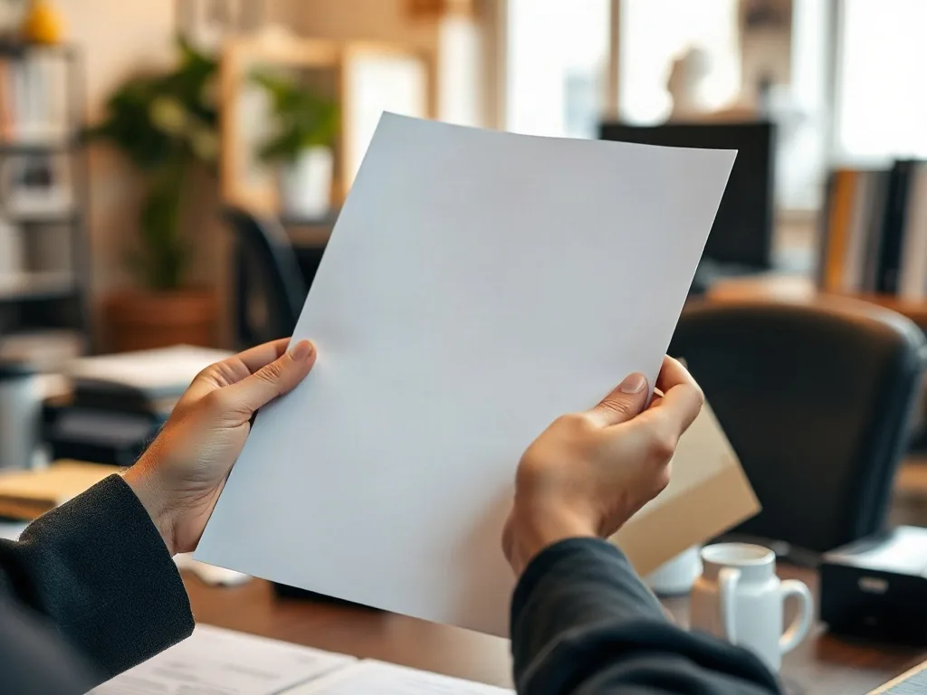 Mani che reggono un foglio bianco sopra una scrivania