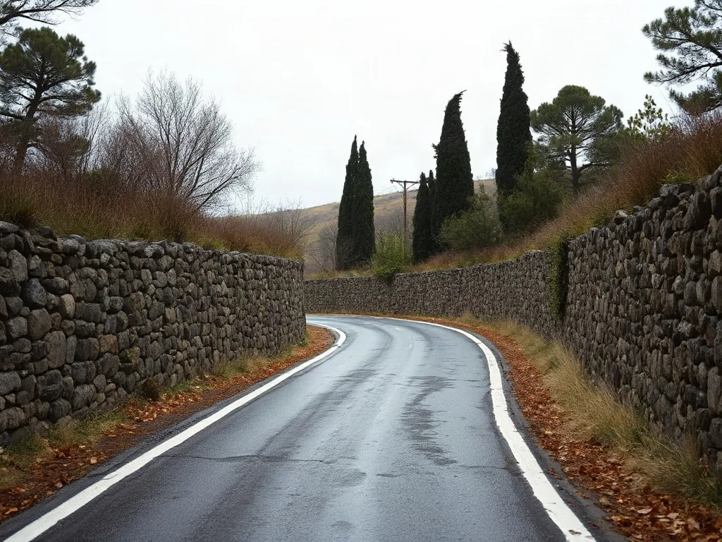 Strada di campagna fra muretti a secco e cipressi