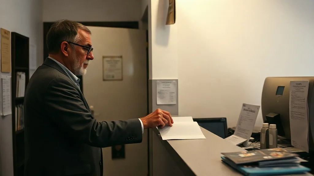 Uomo che consegna un documento all'impiegato dietro il bancone di un ufficio