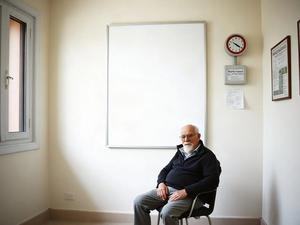 Uomo anziano seduto in attesa in un ambulatorio, alla parete un pannello bianco